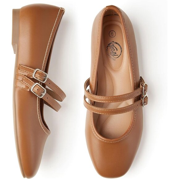 Trary Women Brown Polyurethane (PU) Square Toe Slip On Buckle Strap Ballet Flats - Picture 3 of 7